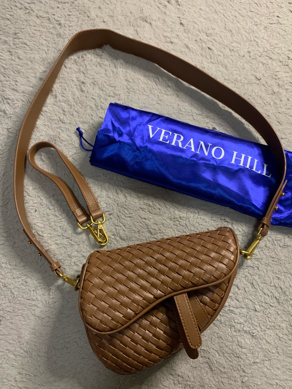 Verano Hill Brown Woven Leather Saddle Crossbody Bag